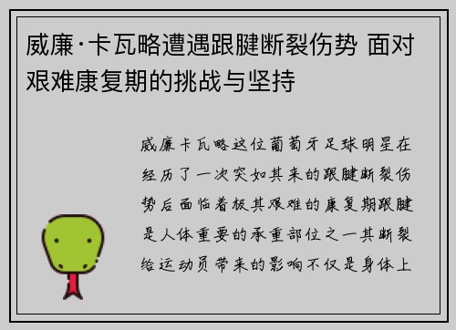 威廉·卡瓦略遭遇跟腱断裂伤势 面对艰难康复期的挑战与坚持