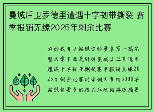 曼城后卫罗德里遭遇十字韧带撕裂 赛季报销无缘2025年剩余比赛