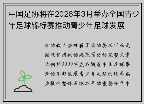 中国足协将在2026年3月举办全国青少年足球锦标赛推动青少年足球发展