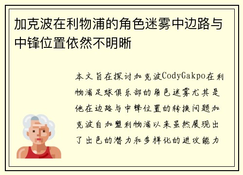 加克波在利物浦的角色迷雾中边路与中锋位置依然不明晰 加克波在利物浦的角色迷雾中边路与中锋位置依然不明晰